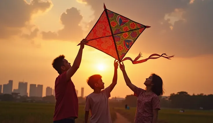 a picture of three Malaysians of different races, from Chinese, Indian and Malay, playing one malaysian traditional kite that has various patterns from Chinese, Indian and Malay together, with sunset in background