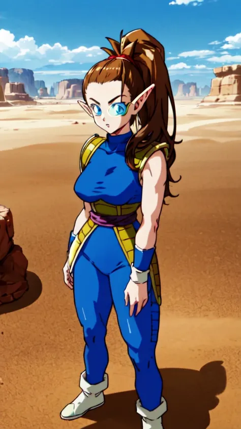 1girl, beard, sayan armor, long hair( side ponytail), brown hair, blue eyes, flaring Aura, pointed ears ((elf ears)),  in a desert, blue sky, (best quality), ((masterpiece)), (detailed),  Saiyan Scouter, Saiyan_Scouter, scouter, tinted eyewear, saiyan armo...