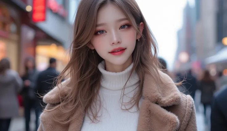 (masterpiece, Best picture quality, 8k),  real photo ,Idol appearance,winter, Busy City Streets,Clear day ,adult,  perfection of fashion,  Korean Makeup, Lip Tint,whole body, frontal,A faint smile,Outdoor, Exquisitely Painted , Realistic,  ultra high defin...