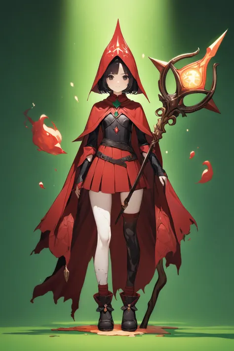 (green background:1.3), No wind, character sprite, Break, 
1 girl, (cute face), young, Intelligent Look, light smile, , petite, 150 cm tall,, Standing, feet out of frame, (black short hair, blunt ends), black eyes, (flat chest:0.8), slim, (deep red Mage Ou...