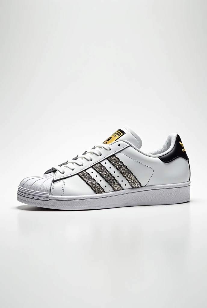 white sneaker and slides, like addidas superstar, redesign, leather white,  Swarovski Crystals or Rhinestones
 In the crater, inspired with Lamborghini urus, white background 