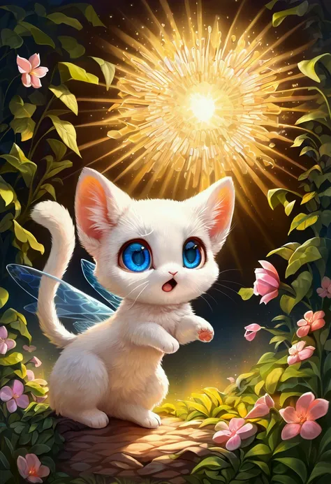 cute white cat character with surprised expression, overreacting, This is cute fantasy art that looks like a fairy tale picture book, ultra detailed, absolutely resolution, masterpiece