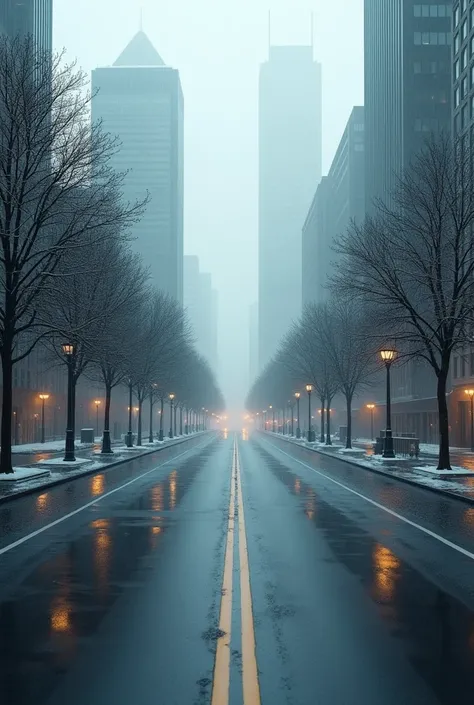 Rainy december with empty wide roads .