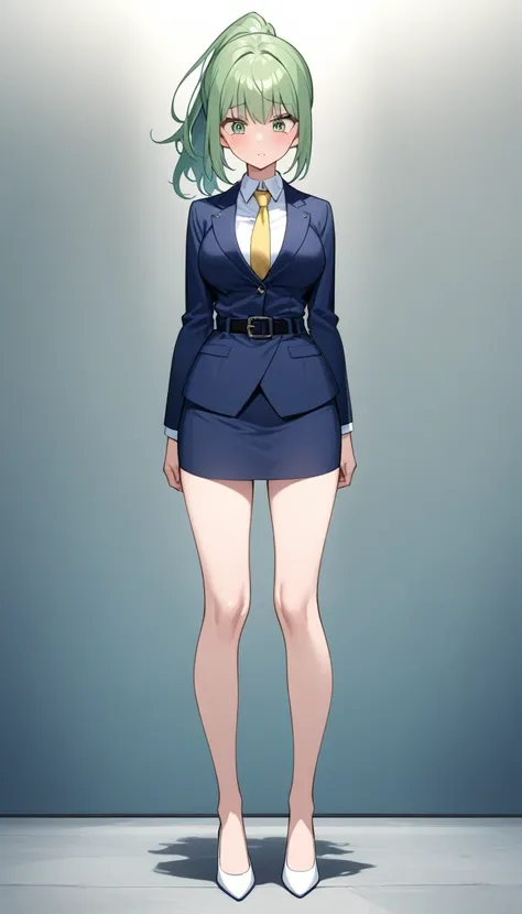 Misuke Iijima、。OL,woman、 green hair、 long hair、 ponytail、 sad face、 full body style that reflects your whole body、 normal breasts、 narrow waist 、Bare legs、Standing beautifully、 in a suit、 navy blue jacket ,襟付き shirt, shirt, yellow tie ,belt,,  navy blue mi...