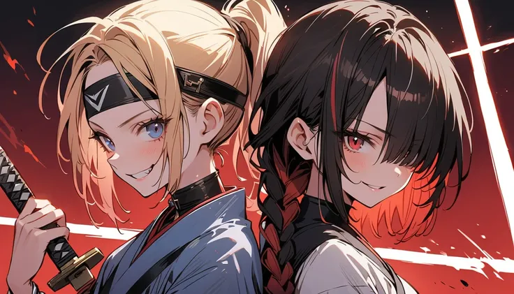  2 women , back to back ,headband, holding a Japanese sword,smile, No Emotion,Reckless attitude, Wicked Expression , black, black hair, Silver Hair,Blonde, red hair, bob cut , ponytail, braids , hair over one eye,Provocative attitude,game