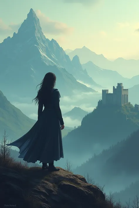  I need an illustration for a fantasy book  . She has her back to us on a hill  .  There is a mountain in front of him and theres a walled fortress