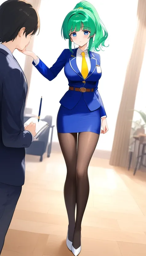 Misuke Iijima、。OL,woman、 green hair、 long hair、 ponytail、 sad face、 full body style that reflects your whole body、 normal breasts、 narrow waist 、Bare legs、Standing beautifully、 in a suit、 navy blue jacket ,襟付き shirt, shirt, yellow tie ,belt,,  Navy Blue Pe...