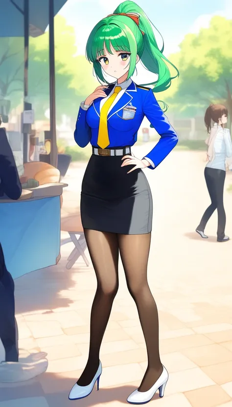 Misuke Iijima、。OL,woman、 green hair、 long hair、 ponytail、 sad face、 full body style that reflects your whole body、 normal breasts、 narrow waist 、Bare legs、Standing beautifully、 in a suit、 navy blue jacket ,襟付き shirt, shirt, yellow tie ,belt,,  Navy Blue Pe...