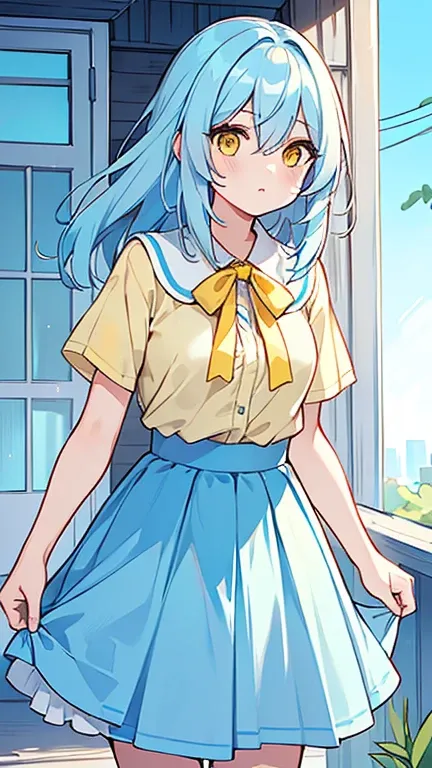 (( A woman with light blue bifurcated hair and yellow eyes)),((Im wearing a light blue summer skirt)),bangs, hair between eyes