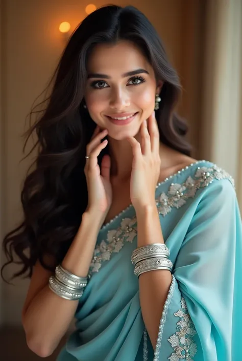 A beautiful young Russian woman wearing an elegant sky blue embroidered saree, adorned with intricate patterns and delicate embellishments. She is posing gracefully with her hands gently touching her face, showcasing her silver bangles and a radiant smile....