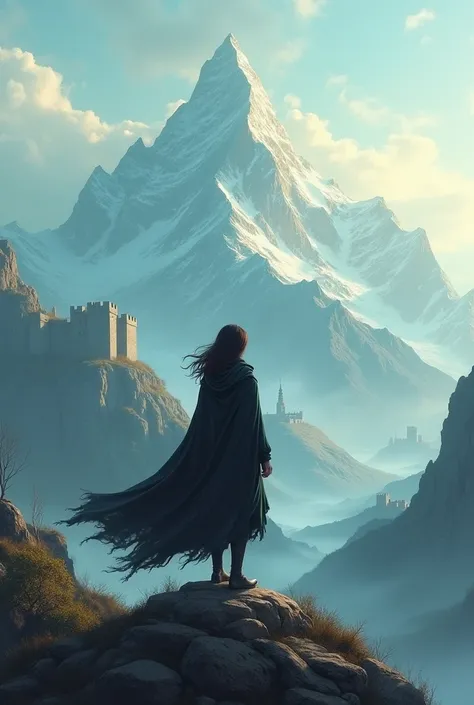  I need an illustration for a fantasy book  . She has her back to us on a hill  .  There is a mountain in front of him and theres a walled fortress