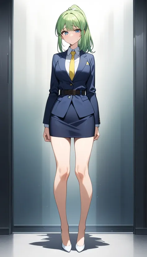 Misuke Iijima、。OL,woman、 green hair、 long hair、 ponytail、 sad face、 full body style that reflects your whole body、 normal breasts、 narrow waist 、Bare legs、Standing beautifully、 in a suit、 navy blue jacket ,襟付き shirt, shirt, yellow tie ,belt,, navy blue min...