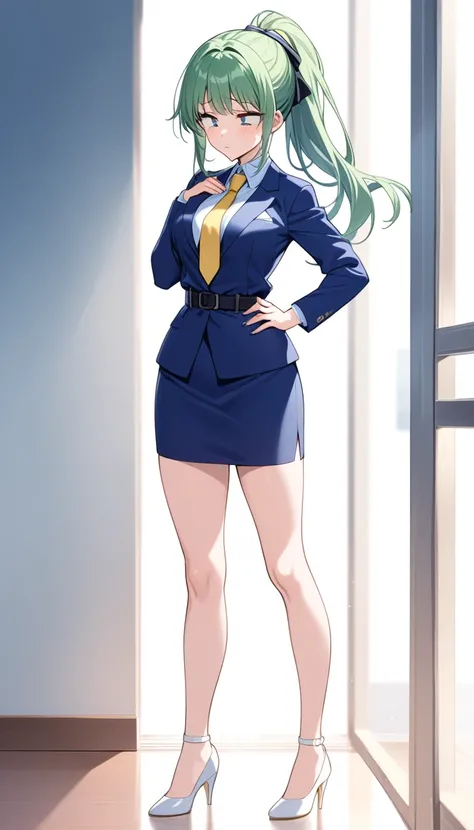 Misuke Iijima、。OL,woman、 green hair、 long hair、 ponytail、 sad face、 full body style that reflects your whole body、 normal breasts、 narrow waist 、Bare legs、Standing beautifully、 in a suit、 navy blue jacket ,襟付き shirt, shirt, yellow tie ,belt,,  Navy Blue Pe...