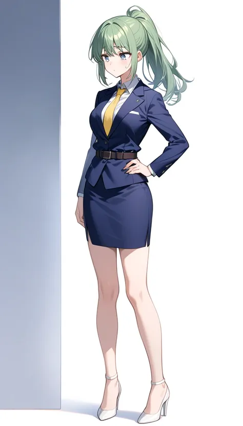 Misuke Iijima、。OL,woman、 green hair、 long hair、 ponytail、 sad face、 full body style that reflects your whole body、 normal breasts、 narrow waist 、Bare legs、Standing beautifully、 in a suit、 navy blue jacket ,襟付き shirt, shirt, yellow tie ,belt,,  Navy Blue Pe...