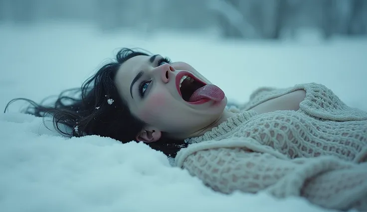 "A woman’s body lying in the snow, her mouth open and her tongue missing, surrounded by eerie stillness."