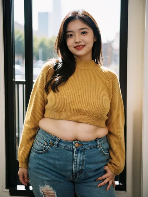 ((((Bbw)))) a woman in a sweater and jeans posing for a picture, long hair, breasts, smile, brown hair, shirt, long sleeves, navel, brown eyes, medium breasts, midriff, pants, torn clothes, window, denim, torn pants, torn jeans