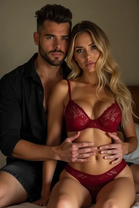 A sensual bedroom scene unfolds as a handsome, muscular 30-year-old man with a quiff hairstyle and trimmed beard sits atop the bed, cradling a stunning 25-year-old blonde woman with D-cup breasts and well-shaped hips. The girls hot red lace lingerie bottom...