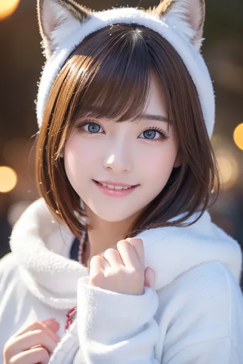 cute 21 year old Japan 、night、 Christmas、 shopping、Super Detail Face、 pay attention to the details with the hem of the clothes、 double eyelids、 Beautiful Thin Nose、 sharp focus:1.2、 pretty woman smiling at school:1.4、( light brown hair , short hair ,  whit...