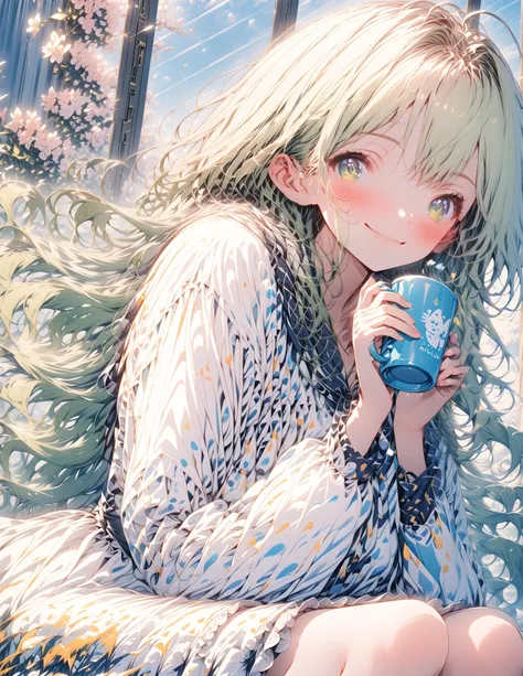 the anime girl is Sitting on the Large gorgeous red chair and drinking a cup of hot milk with honey, 1girl, Green eyes, long  Wavy pastel green hair, Holding a mug, Hot milk with honey, Perfect pastel green hair, White cute dress, sitting, looking at viewe...