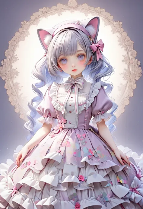 1 cute girl with cat ear and cat tail, ligne claire, contour deepening beautiful detailed glow, by famous artist,  head tilt, long white hair, curly hair, Air bangs, Grey hair, beautiful detailed hair, Beautiful face, ^ ^, lovely big eyes, flat chest, zett...