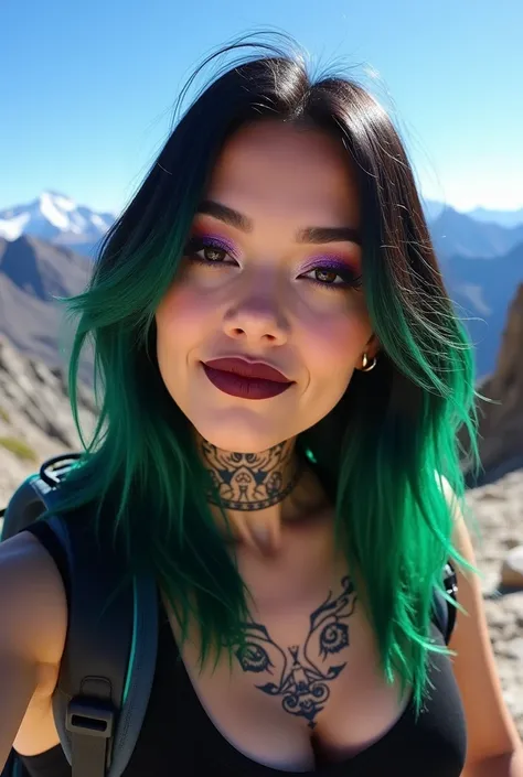 "A bold selfie of a woman with a striking and unique appearance. Her hair is a rich blend of deep emerald green and jet black, styled in sleek, straight locks that fall just below her shoulders. The interplay of colors creates a dramatic ombre effect that ...