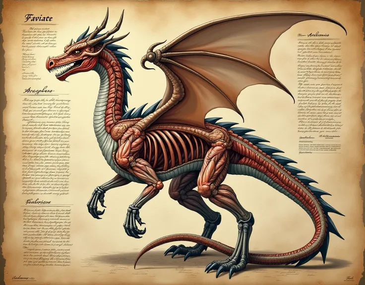 Scene of an anatomical illustration of a dragon with explanations,BREAK,(Dragons anatomical drawing,detailed internal structure,showing bones, organs, and muscular system,unique mythical creature with large wings, long tail, fierce expression),BREAK(No add...