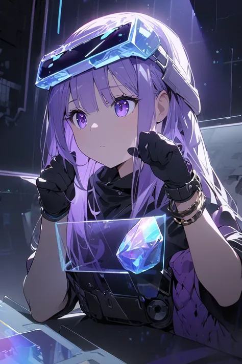 Solo, upper body, looking at onyx crystal shard, holding up crystal shard between two fingers, sitting, leaning over desk, gloves, Girl with purple eyes, purple hair, long hair, swept, bangs, deep in thought, thin, goggles on head, wearing dark purple stra...