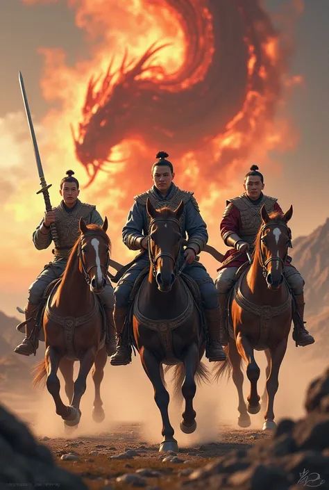 Draw me a picture of 3 Korean men wearing military trousers, armor, carrying swords on their backs, while riding cool horses, faces very clear and bright, with a dragon in the background with a burst of fire named Majid on it.