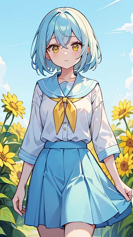 (( A woman with light blue bifurcated hair and yellow eyes)),((Im wearing a light blue summer skirt)),bangs, hair between eyes