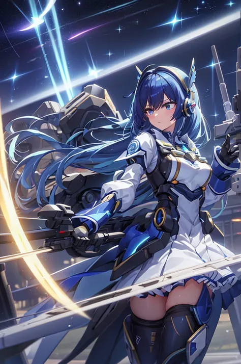 Rin々Funny face、mecha wing、Thighs、tights、chest、Shiny blue hair、 1 girl、 solo girl、 headset 、mecha girl、White clothes、 black miniskirt、Has a beam rifle、beam rifle、priestess