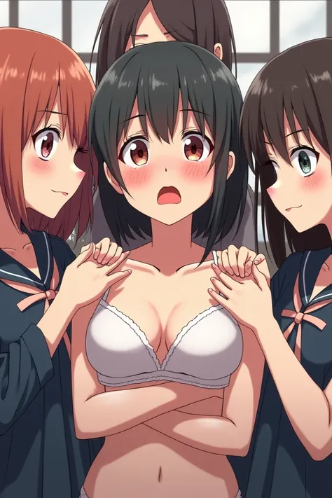 Sad anime boy being restrained by girls who are putting a bra on him