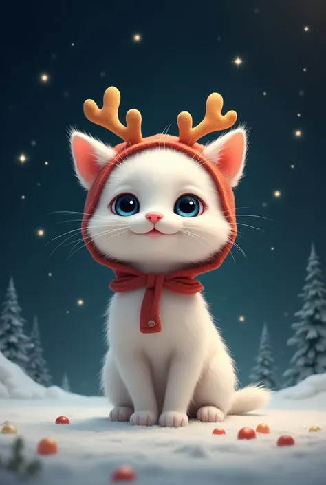 A white kitten wearing a reindeer costume is standing facing the front,Nimotozu,upright, cute,smile,whole body,Alone, real, has a night sky in the background