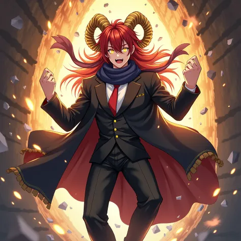   masterpiece ,  better quality ,  ultra detailed , Fine details, chico, 1chico,  young anime man with long deep red hair, yellow eyes and huge golden rams horns ,a dark blue scarf ,red tie,tuxedo in black robe , Black Pants ,destroying a wall with a bump ...