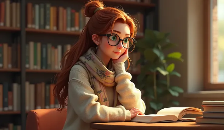 Create a photorealistic portrait of Élodie Moreau, a 28-year-old Caucasian female librarian. She has long, wavy chestnut hair styled in a messy bun, with a few loose strands framing her face. Her bright green eyes are expressive and lively, reflecting her ...