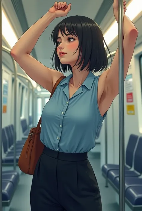 A realistic asian girl with rectangle body, wearing a blue sleeveless buttoned shirt with a collar and  high-waist black trousers. Her shirt is tucked in her trousers. She is commuting in a train, raising her hand high to hold on a handle, revealing her ar...