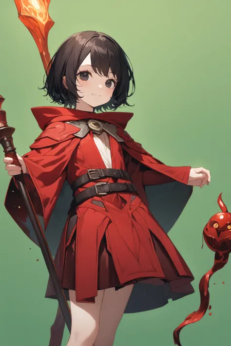 (green background:1.3), No wind, character sprite, Break, 
1 girl, (cute face), young, Intelligent Look, light smile, , petite, 150 cm tall,, Standing, feet out of frame, (black short hair, blunt ends), black eyes, (flat chest:0.8), slim, (deep red Mage Ou...