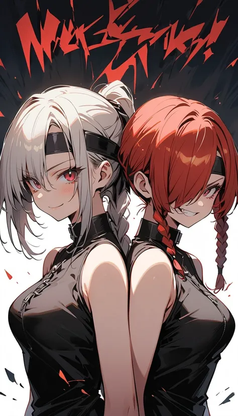  2 women , back to back ,headband, holding a Japanese sword,smile, No Emotion,Reckless attitude, Wicked Expression , black, black hair, Silver Hair,Blonde, red hair, bob cut , ponytail, braids , hair over one eye,Provocative attitude,game