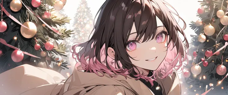  handsome, Alone,  1 Woman ,  medium hair,  dark brown hair , Pink highlights on the tips,  pale pink eyes,smile, Christmas tree ，Beige coat