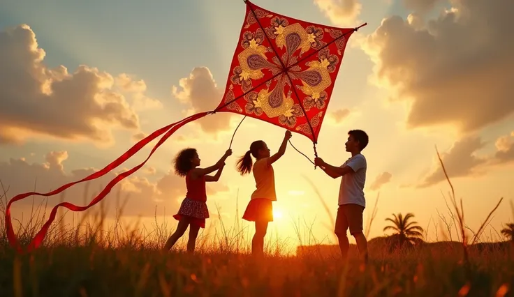 a picture of three Malaysians of different races, from Chinese, Indian and Malay, playing one malaysian traditional kite that has various patterns from Chinese, Indian and Malay, they three pull the rope together, the malaysian traditional kite is "wau bul...