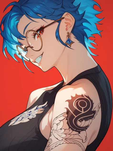 score_9, score_8_climb, score_7_climb, score_6_climb, score_5_climb,  Lhta 4564  , 1 women, Long blue hair, Round glasses,  high definition, precise,  Anime Characters,  look at the audience,  boobs, dark tone, jewelry,  masterpieces , Red background,  clo...