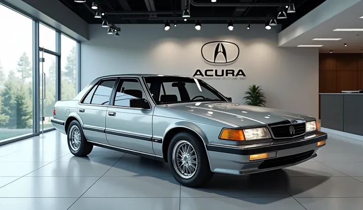 Generate a Realistic image of the 1986 Acura Legend: silvercolour with silver rim   Top view with car showroom background with wall big logo of  Acura