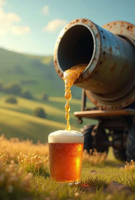  create an image, From a harvester,  with the tube open discharging ,  but it is discharging inside a cup and instead of grains, beer pouring out
