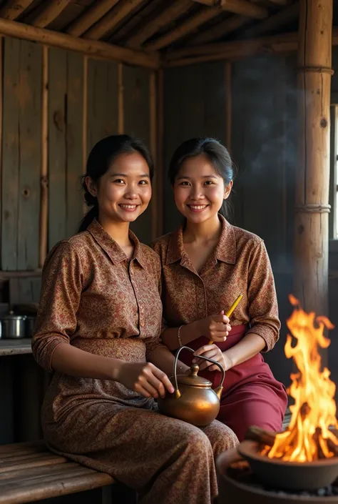  A pair of sweet Indonesian women aged 20 years each holding kitchen utensils,wearing a kabaya batik shirt and sarong sitting on a bench cooking sebakul rice and cooking salted fish in a kettle with firewood in the kitchen room made of bamboo cubicles,old ...