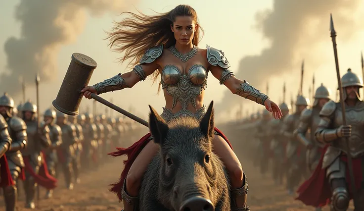 beautiful sexy medieval woman in silver bikini armor riding a boar holding big hammer she is screaming , behind her a ton of army ready to fight