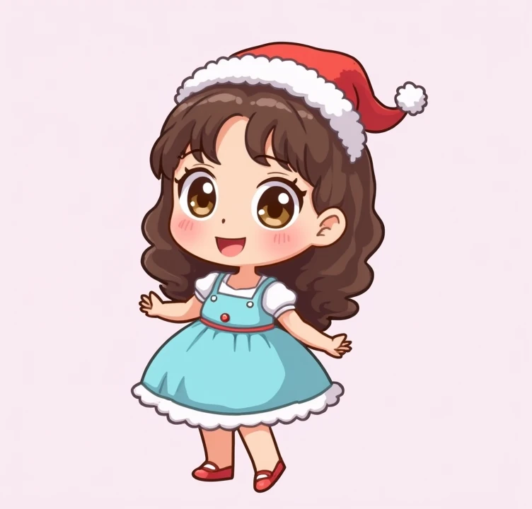  I would like one like this but with medium brown hair, A little above the curly waist ,  light brown eyes and instead of the ribbon in the hair ,  a Santa Claus hat and brown skin /king