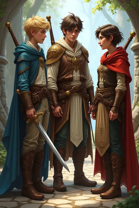 Caracter Manhwa Realist 3 Teens One Boy Blonde Blue Eyed Pretty Faced, one brown-haired boy brown-eyed musclebound teen with handsome face , one short-haired black-eyed brown-eyed girl with pretty face  , wearing fantasy clothes are carrying swords talking...