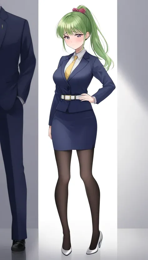 Misuke Iijima、。OL,woman、 green hair、 long hair、 ponytail、 sad face、 full body style that reflects your whole body、 normal breasts、 narrow waist 、Bare legs、Standing beautifully、 in a suit、 navy blue jacket ,襟付き shirt, shirt, yellow tie ,belt,,  Navy Blue Pe...