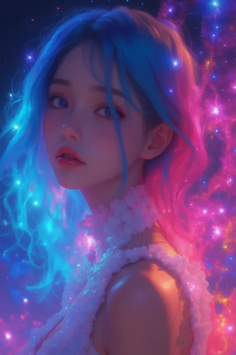 (Asian girl:1.3), beautiful detailed eyes, beautiful detailed lips, extremely detailed eyes and face, long eyelashes, upper body, from side, looking at viewer, (fractal art:1.3), (rainbow color hair, colorful hair, half blue and half pink hair:1.2), water,...