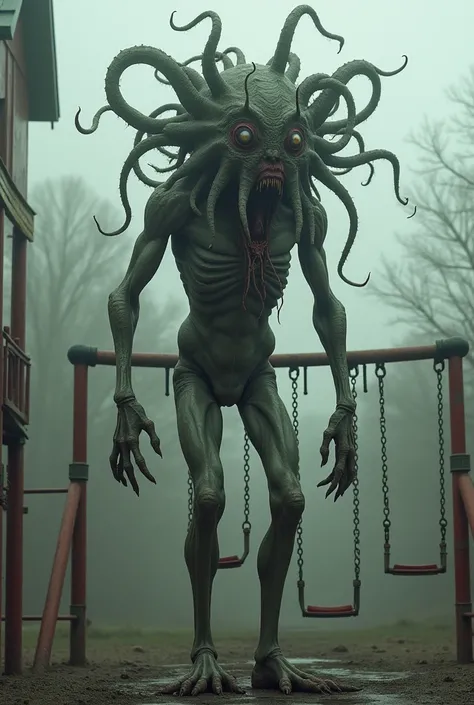 A  whose head is an eldritch horror entity standing in a playground 