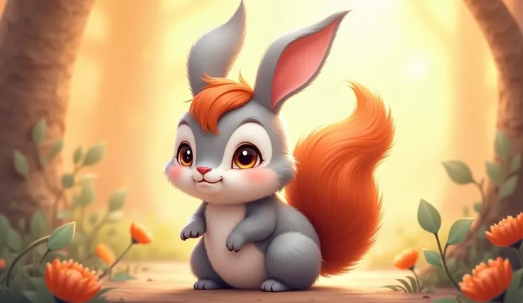 bunny soft grey fur with big ears and a squirrel bushy red tail and sparkling eyes 
Create a wonderful image in 2d style for s story 